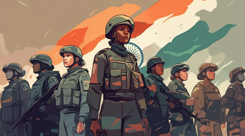 Diverse group of Indian Army soldiers, male and female, standing together symbolizing gender equality and empowerment.