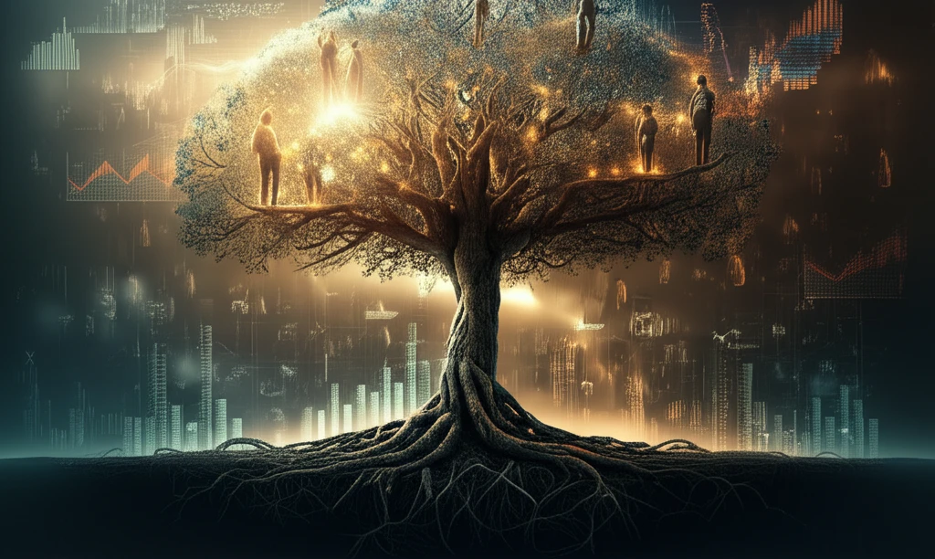 Family tree intertwining with financial charts, symbolizing shared identity and business success.