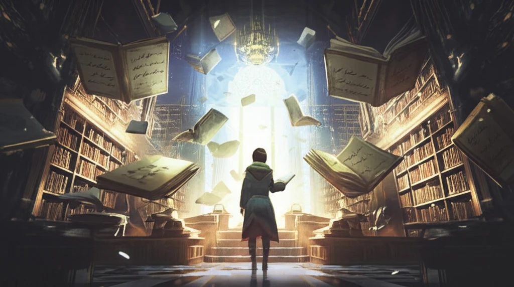Surreal illustration of a grand library with ancient Persian texts floating around, illuminated by divine light.
