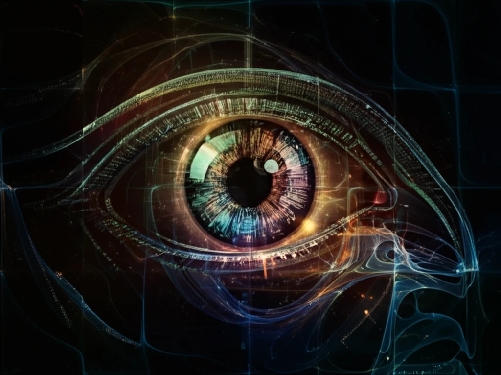 Surreal digital illustration of a river of data transforming into a digital eye, symbolizing data monitoring.