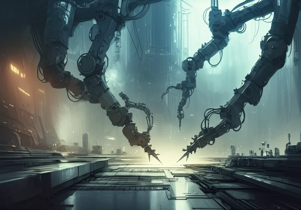 Futuristic factory with robotic arms manipulating cutting tools.