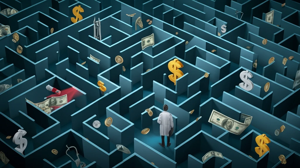 Doctor navigating a financial maze.