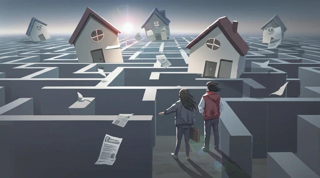 Young adults navigating a housing maze with job applications scattered around.