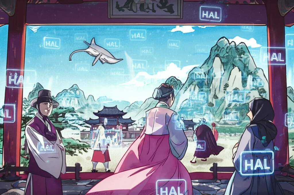 Diverse Muslim tourists in Korea with halal symbols and landscapes