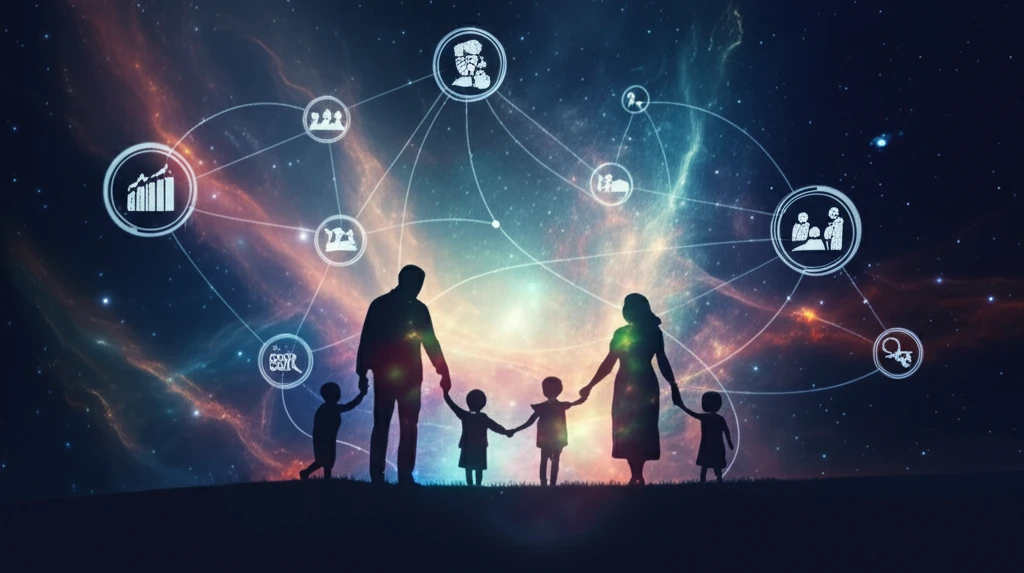 Surreal illustration of a family connected to the cosmos.