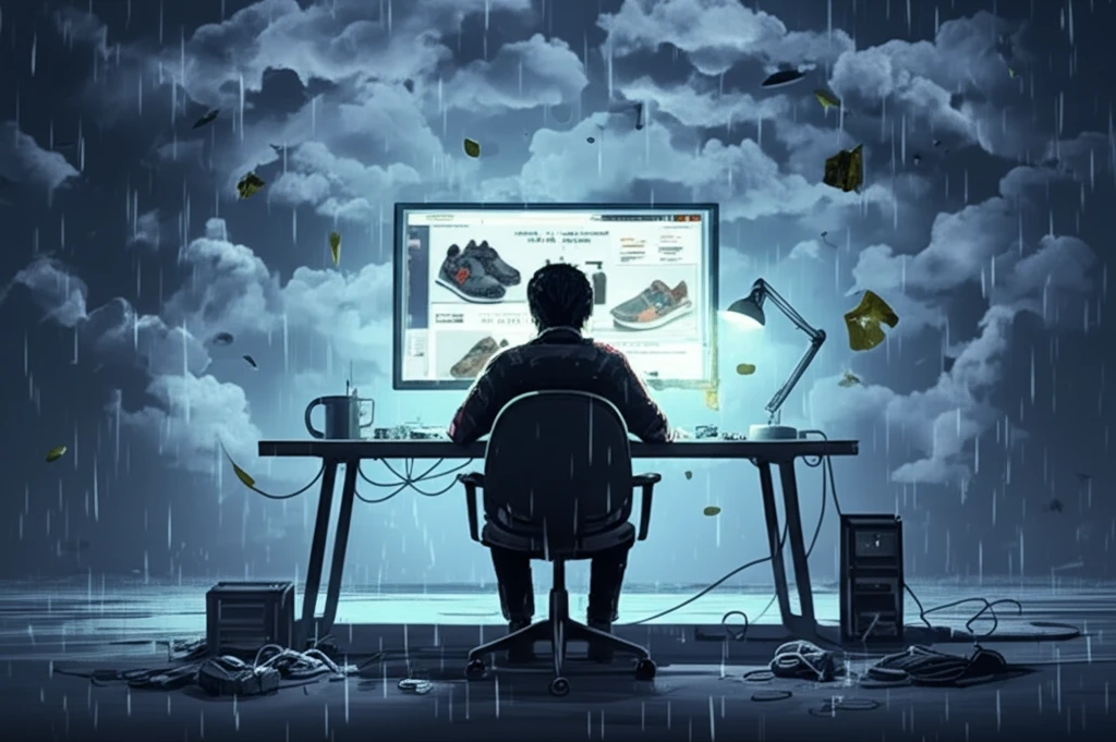 Office worker surrounded by rain clouds shops online