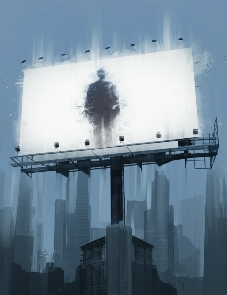 Ghostly celebrity fading into a billboard, symbolizing the effect of death on brand perception.