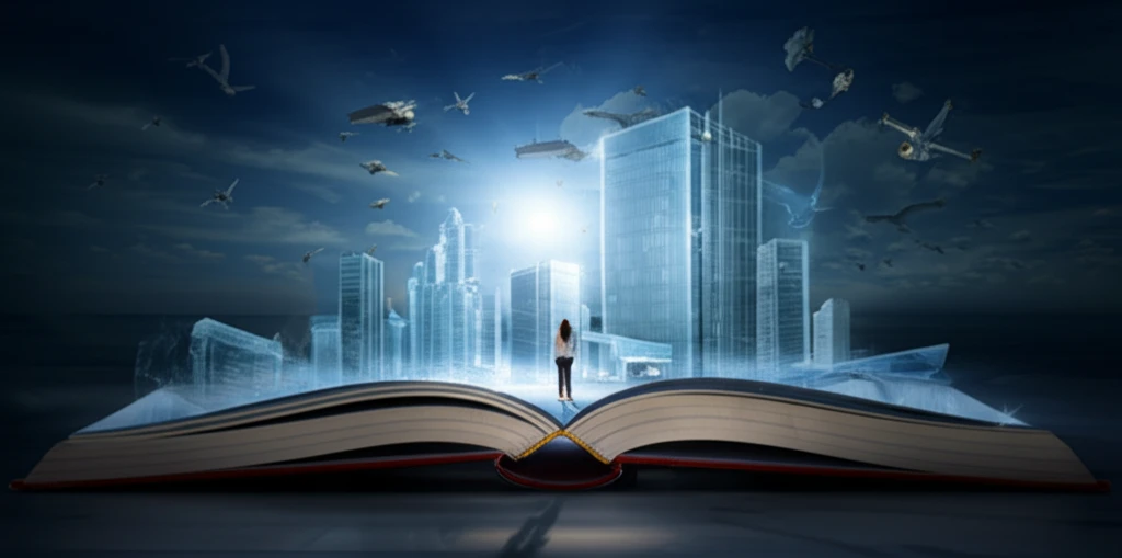 Open book revealing transparent government buildings.