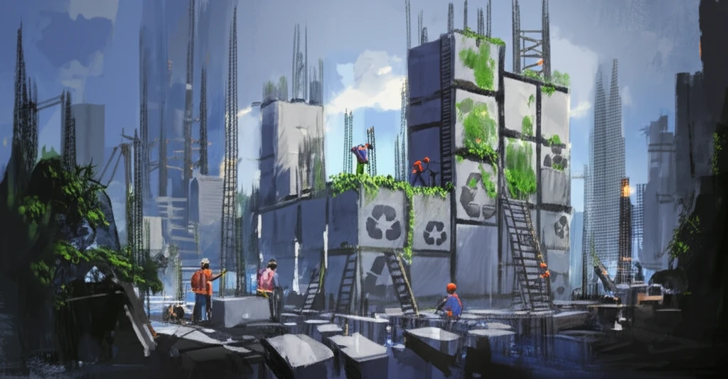 Sustainable cityscape built with recycled concrete