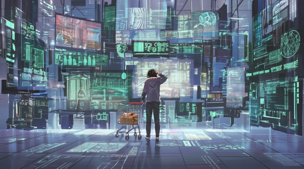 A shopper overwhelmed by technology in a retail store.