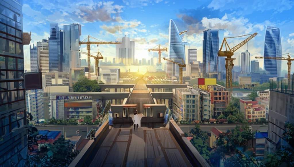Construction cranes forming a path to a modern city, symbolizing corporate restructuring in Vietnam.