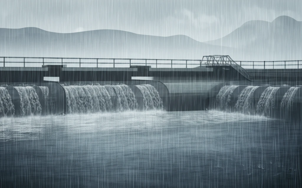 Monsoon rainfall carrying pollutants into a water reservoir.
