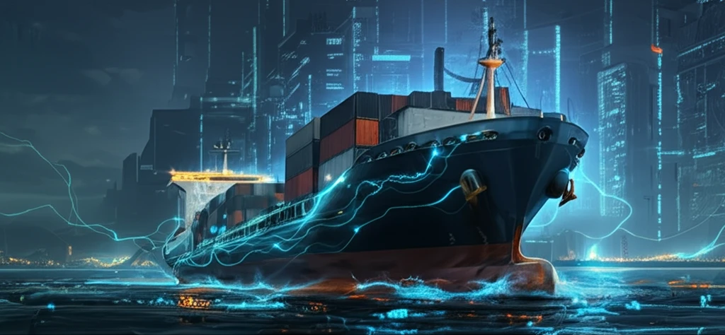 Futuristic cargo ship undergoing virtual retrofitting