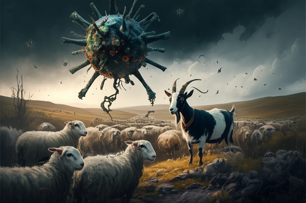 Surreal illustration of sheep and goats facing a distorted virus, symbolizing the challenge of contagious agalactia.