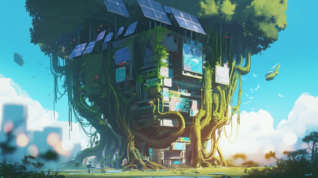 A futuristic building seamlessly integrated with nature, symbolizing sustainability.