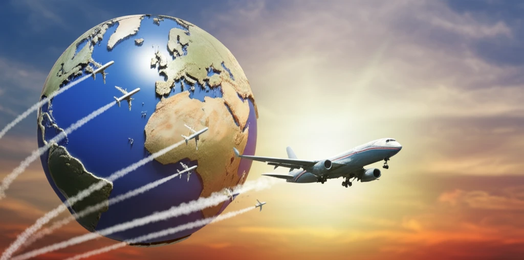 Global map showing airplane routes with carbon emission trails.