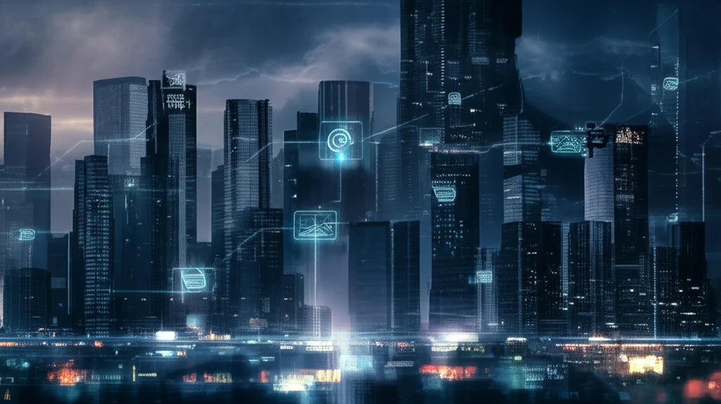 Futuristic city skyline with glowing energy grids, symbolizing sustainable urban development.