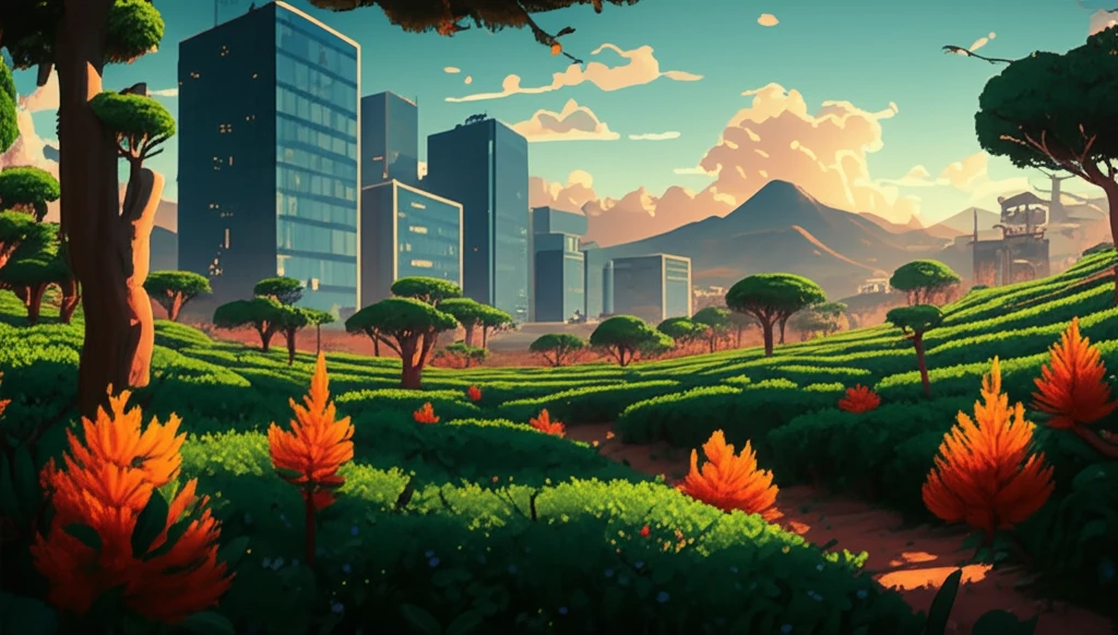 Surreal illustration of Rooibos tea farm overshadowed by corporate buildings.