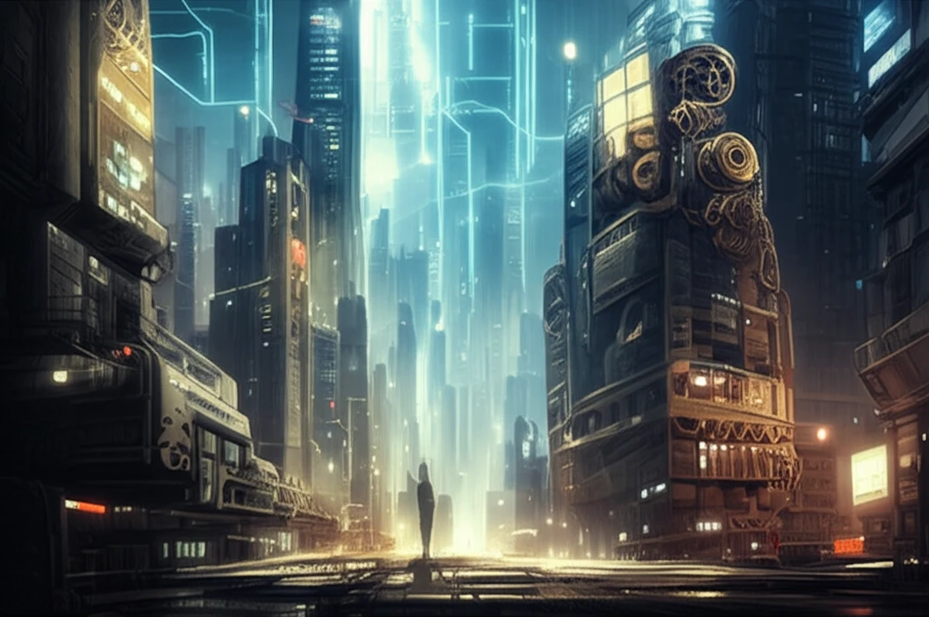 Cityscape blending vintage machinery with futuristic structures, symbolizing economic growth.