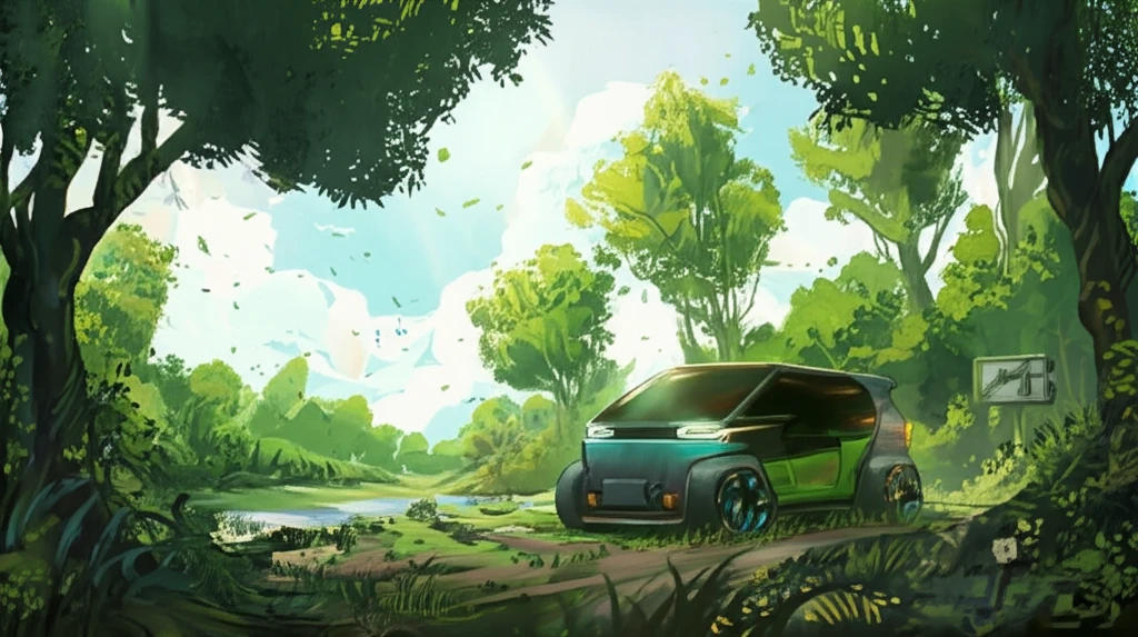 Futuristic electric vehicle driving through a green landscape, symbolizing sustainable transportation.
