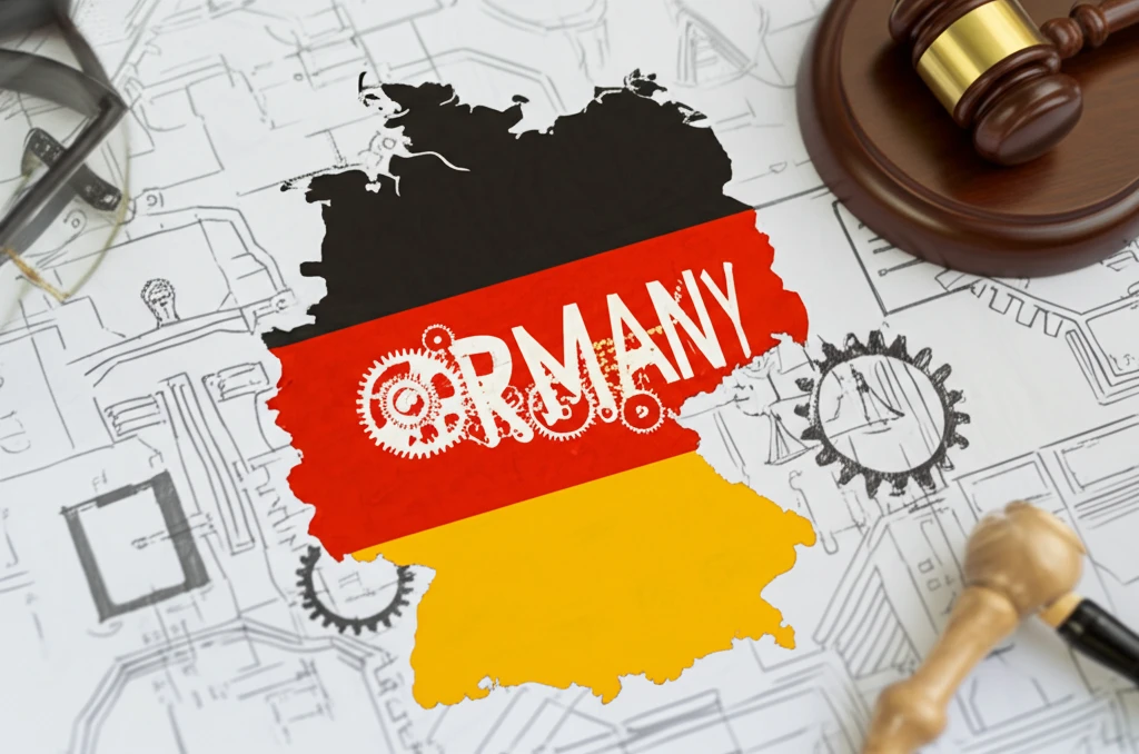 Gears and legal documents representing German corporate law within the EU.