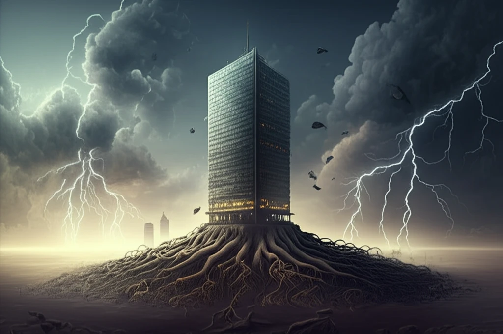 Multinational corporation building standing strong during an economic crisis.