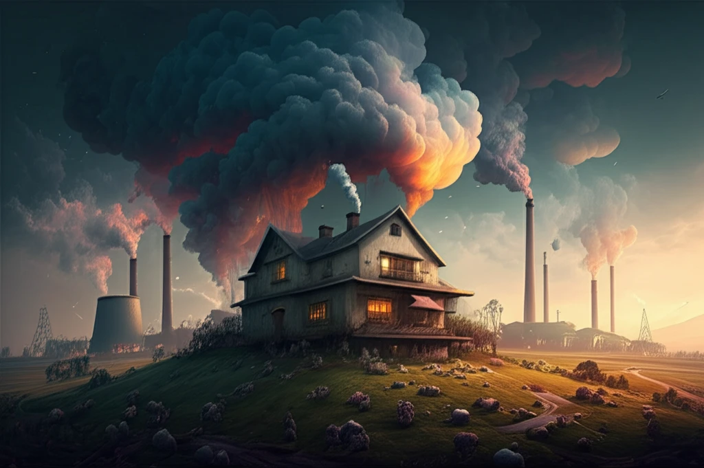 House surrounded by pollution, illustrating the impact of emissions on property value.