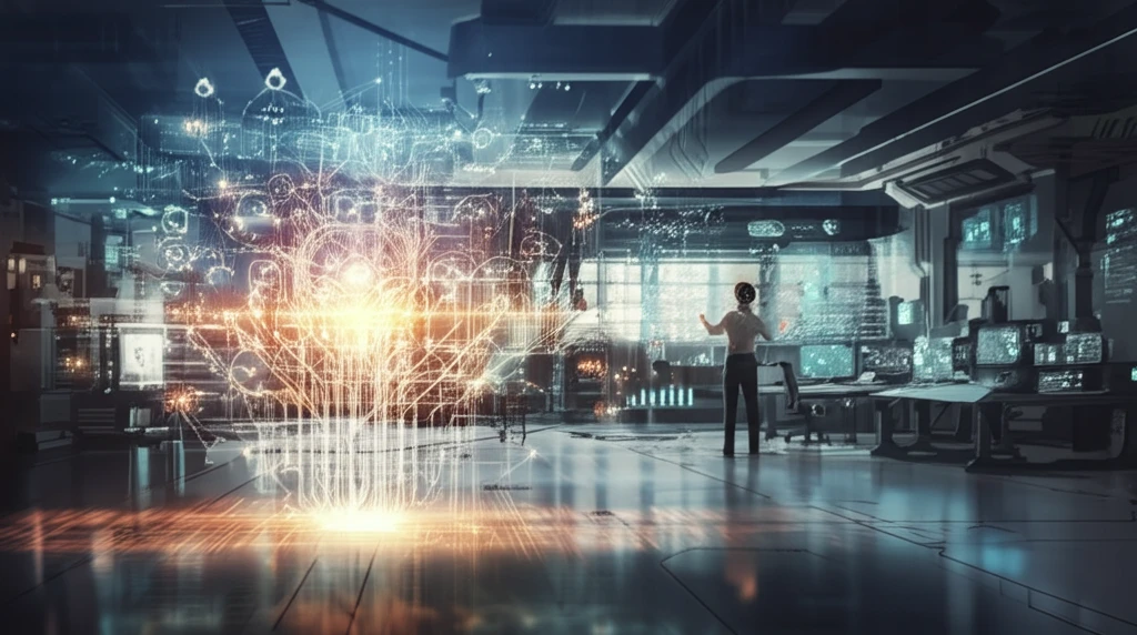 Complex product design network visualized as interconnected glowing nodes and energy streams, representing variant design dimensions, with an engineer in a futuristic lab.
