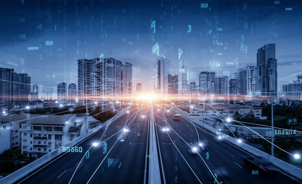 Futuristic highway with connected vehicles and data streams.