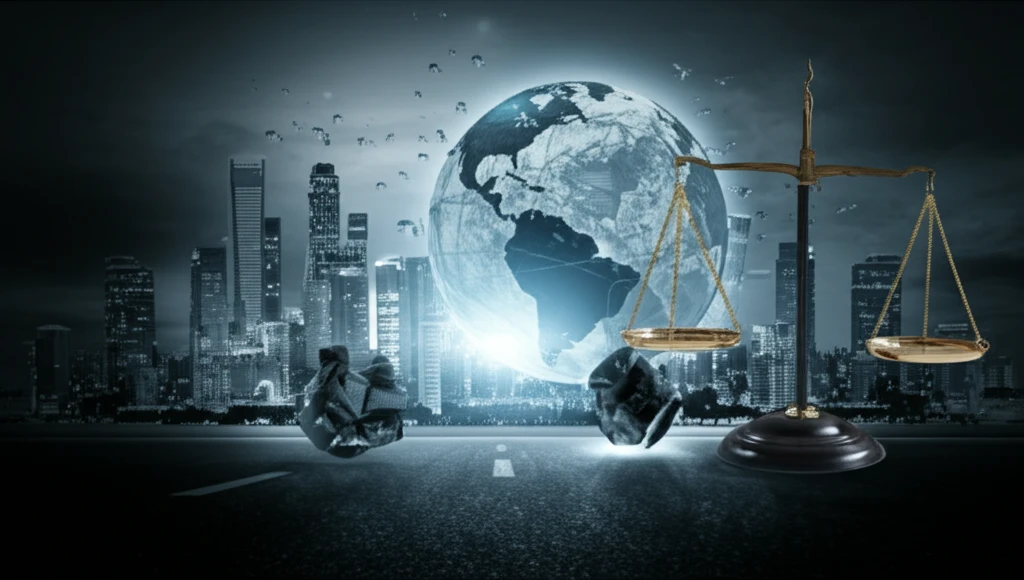 Global cityscapes balanced on scales representing economic growth and social equality.