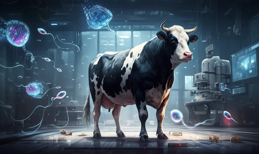 Holstein bull in high-tech lab with holographic sperm cells.