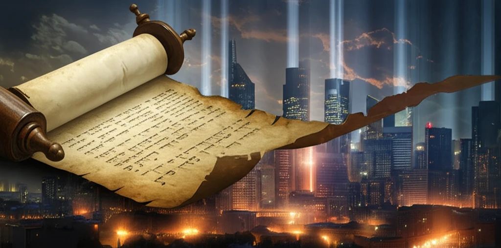 Ancient scroll transforming into a modern city skyline, symbolizing the relevance of biblical wisdom in contemporary life.