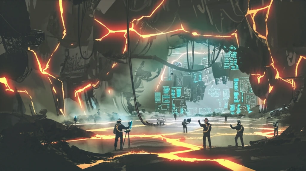 Glowing cracks illuminate a vast underground mine, symbolizing the study of rock stress and its importance for safety.