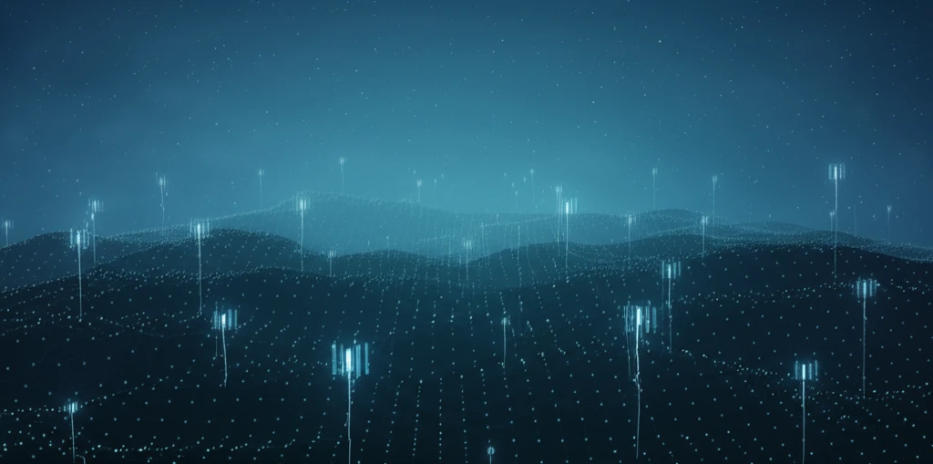 A network of glowing sensor nodes demonstrating energy efficiency.