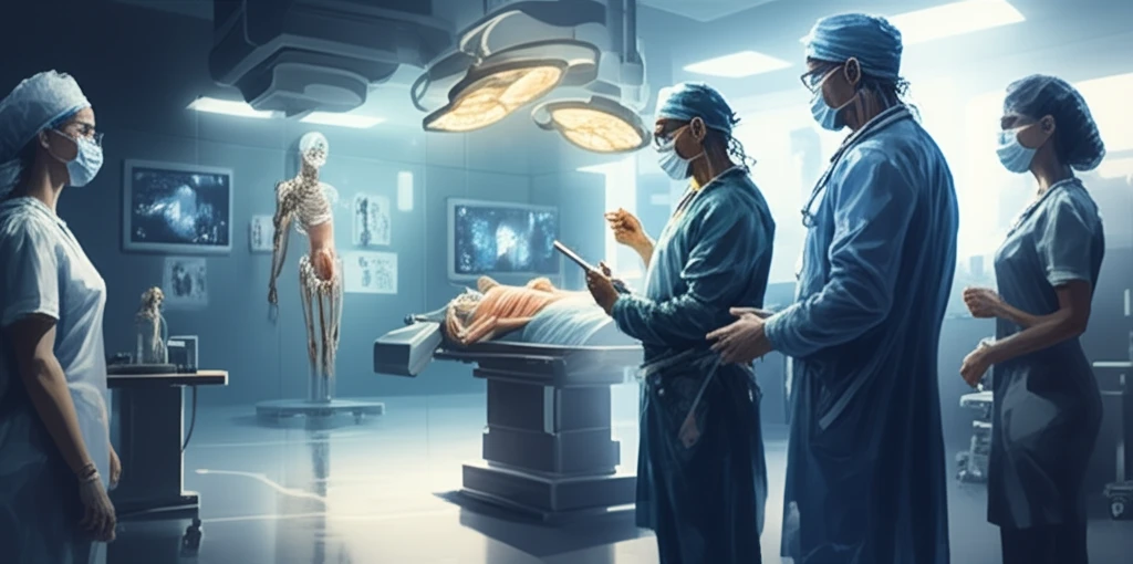 Surgical trainee teaching anatomy to medical students.