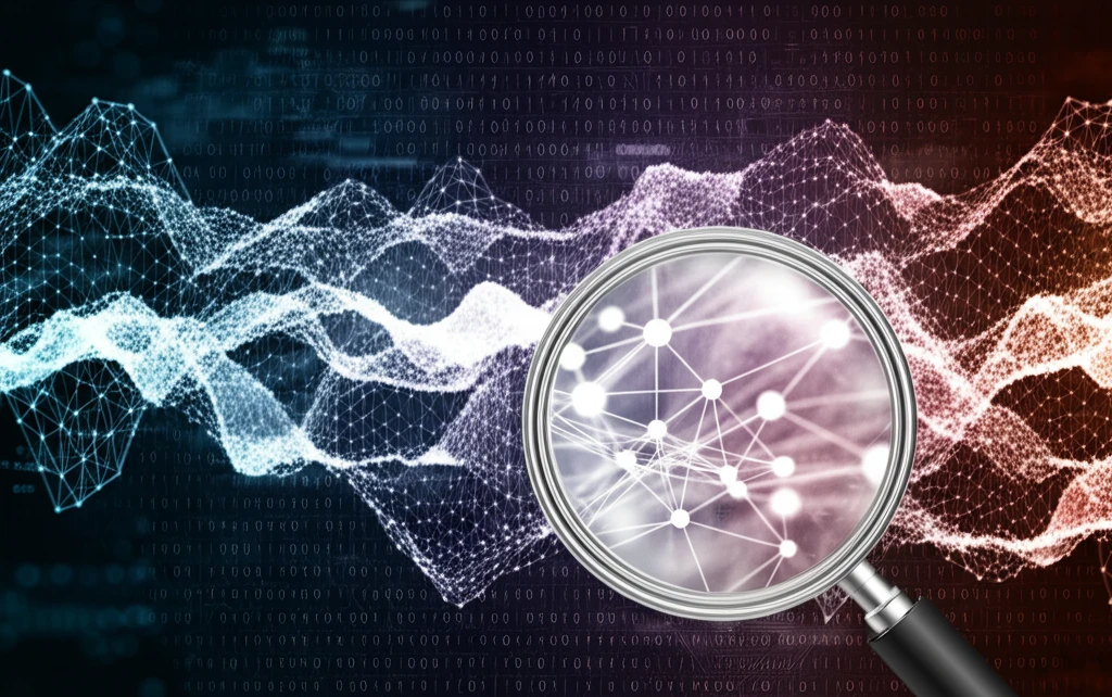 Interconnected data patterns highlighted by a magnifying glass, symbolizing pattern recognition and the Jaccard Index.