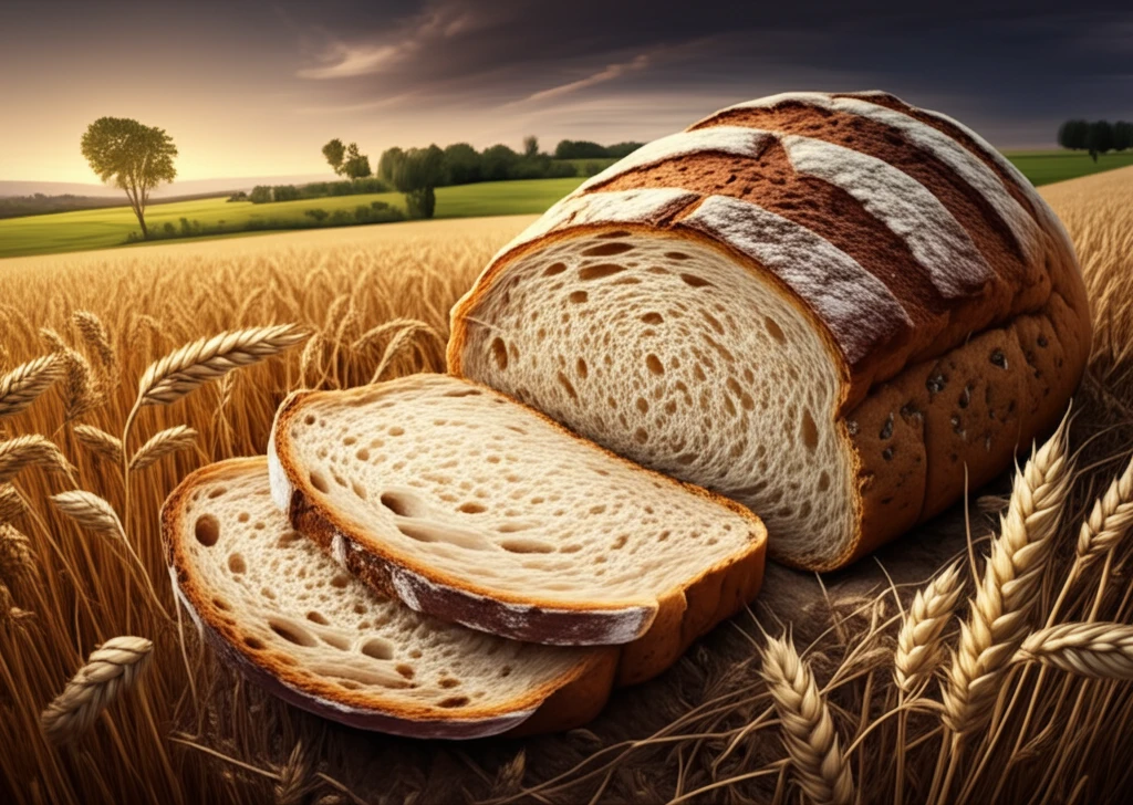 Wheat and barley fields merging into a loaf of bread.