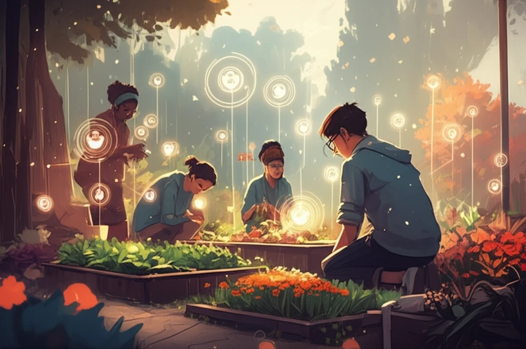Diverse volunteers build a community garden, symbolizing recognition and training's impact on retention.