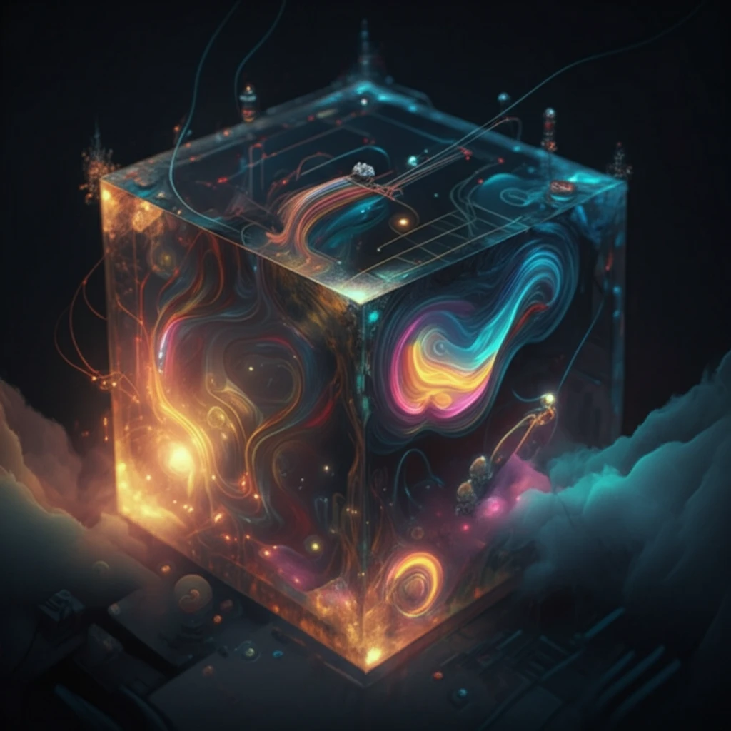 Fluid dynamics simulation visualized as colorful swirls within a cube.