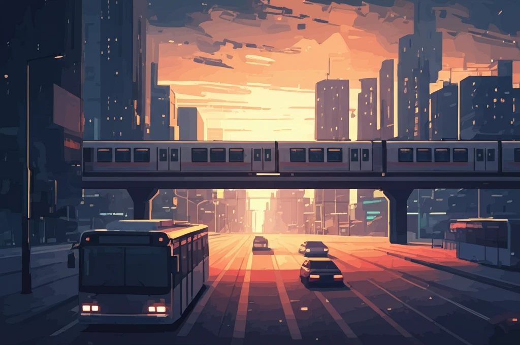 Cityscape with buses and trains integrated, symbolizing safer streets and reduced traffic accidents.