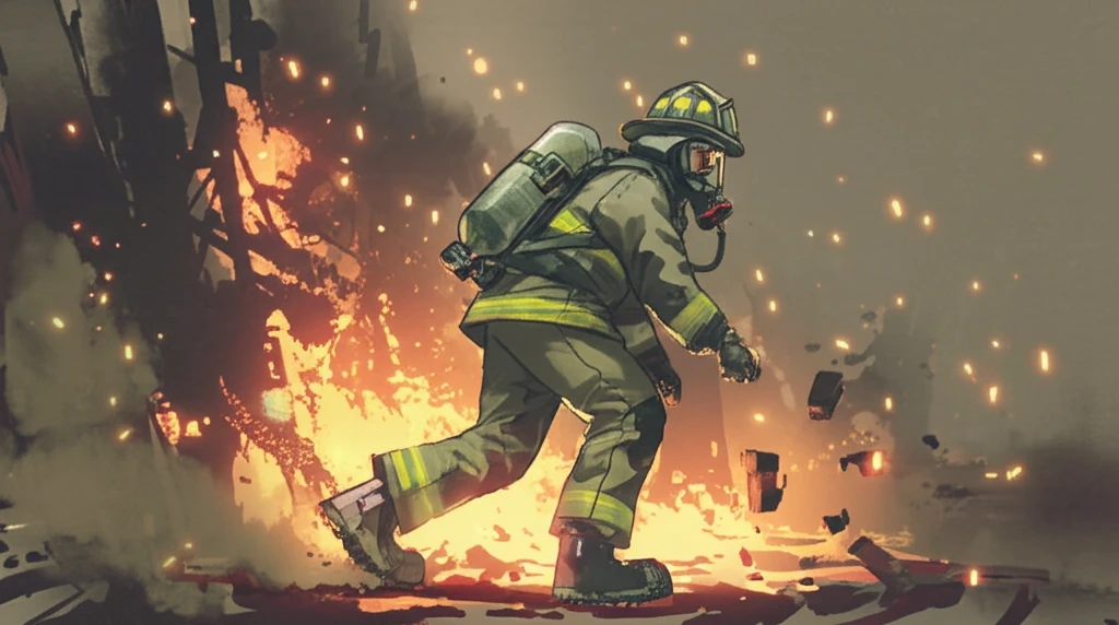 Firefighter struggling with mobility due to ill-fitting gear.