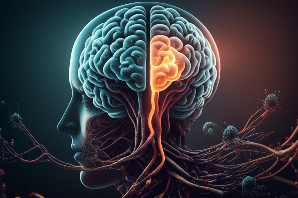 Brain pathways illustration representing serotonin and kynurenine, with interferon-alpha disrupting serotonin.
