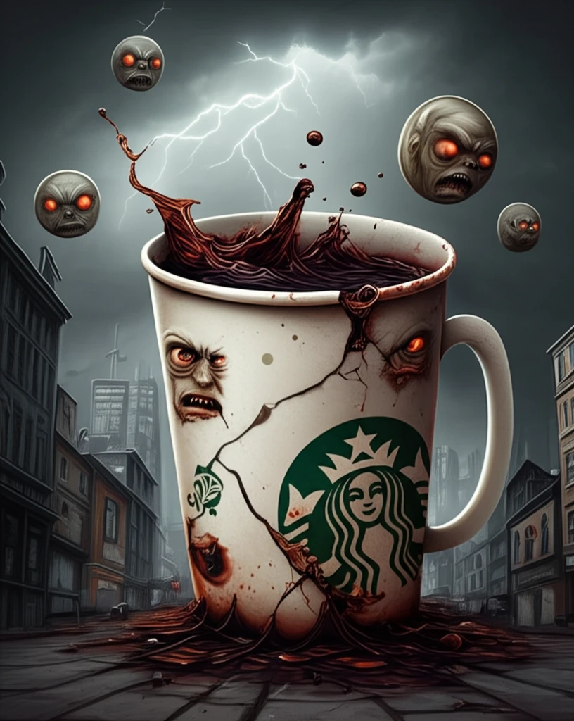 A cracked Starbucks cup surrounded by angry faces.