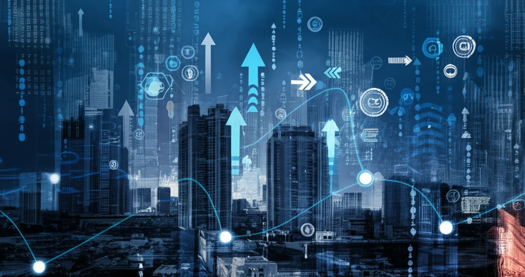 A surreal illustration of capital flowing through financial markets, visualized as a glowing cityscape.