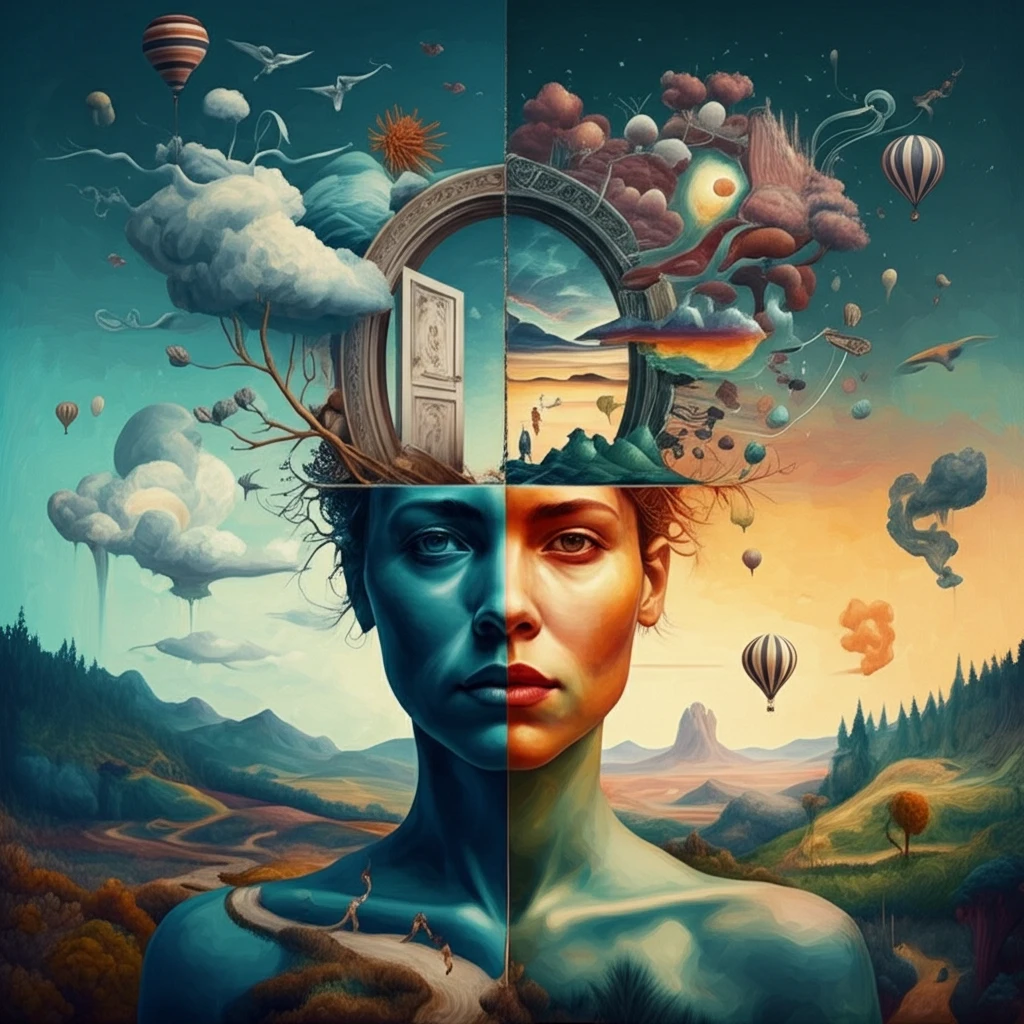Surreal illustration of an open doorway into a vibrant inner world, symbolizing self-discovery and communication.