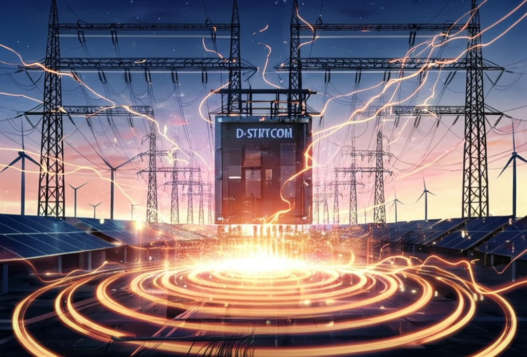 Stylized power grid with a D-STATCOM unit emitting a stabilizing energy field.