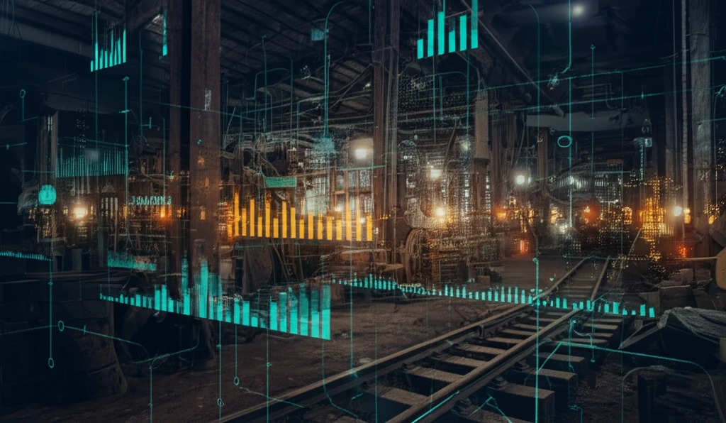 Vintage coal mine with data visualizations overlayed.