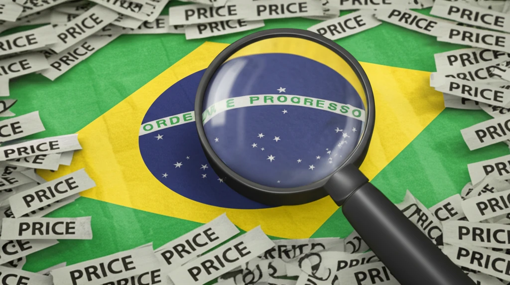 Brazilian flag made of newspaper clippings about inflation, with a magnifying glass.