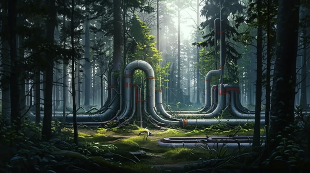 Nordic forest transitioning into biofuel pipelines, symbolizing sustainable energy.