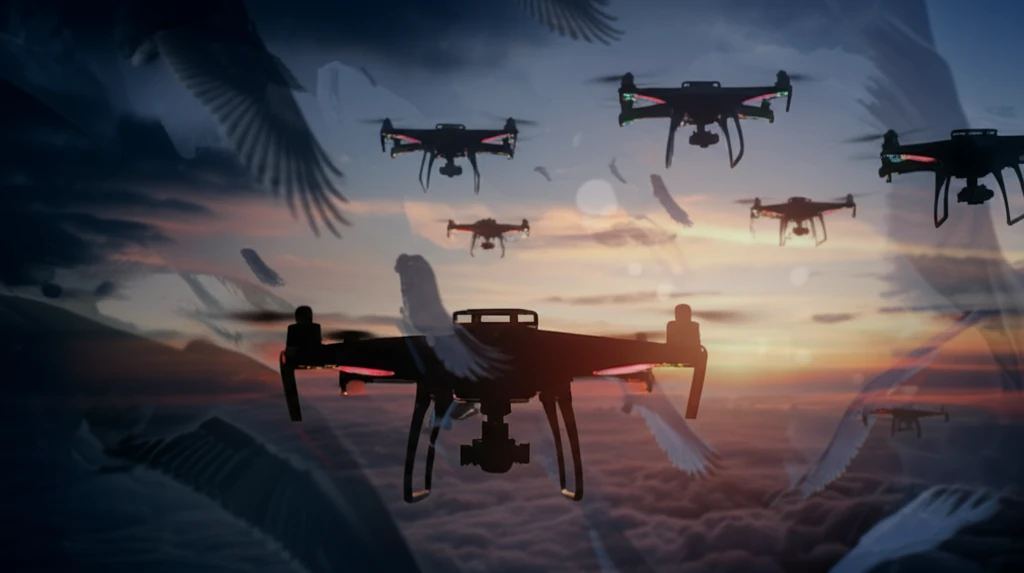 A flock of drones flying in formation, inspired by bird flocking behavior.